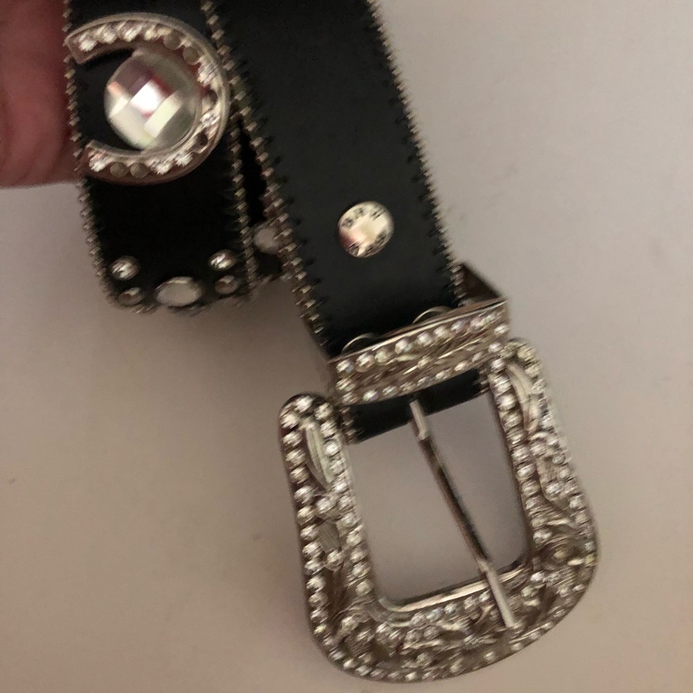 BHW Genuine B Leather Black Belt with Rhinestones